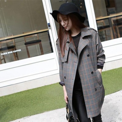 女式風衣2015秋裝新款女裝韓版修身雙排扣中長款格子風衣外套