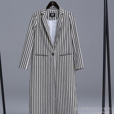 COMEACROSS風衣女春季2016新款翻領經典條紋韓版長