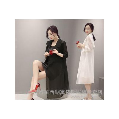 2016年夏季新款時尚優雅純色西裝領九分袖中長款網紗風衣兩件