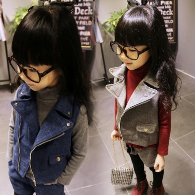 童裝女童秋裝套裝 2014新款 韓版大翻領潮馬甲+修身裙褲兒