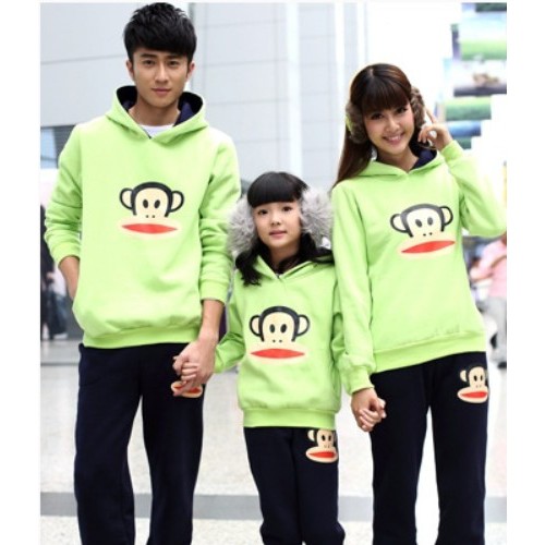 秋冬款親子裝卡通猴抓絨套頭衛(wèi)衣長褲親子休閑套裝