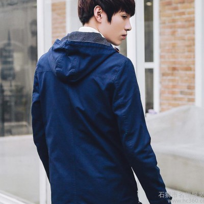 2015秋冬季青年加厚風衣男休閑外套男士韓版修身連帽外衣男純