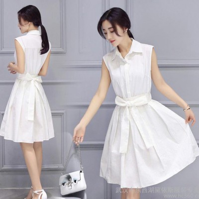 雪紡連衣裙女裝夏季韓版修身襯衫領中裙子夏天小清新無袖顯瘦氣質