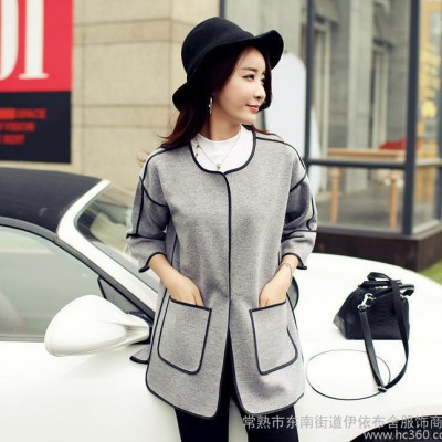 2015秋冬新款韓版大碼寬松女裝毛呢外套修身中長(zhǎng)款風(fēng)衣外套女