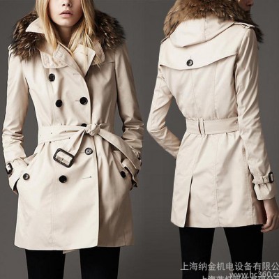 秋冬大品牌新品高端品質(zhì)時(shí)裝 雙排扣風(fēng)衣帶毛條帽夾棉外套 貼牌