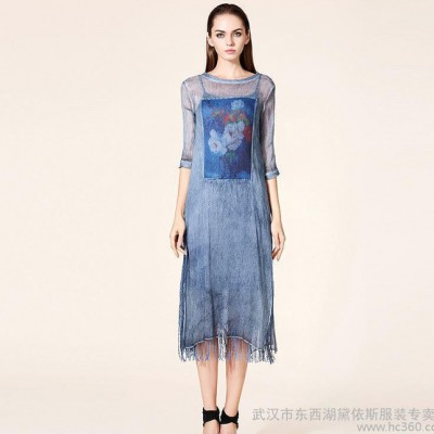 歐洲站時尚裙子復古印花絲麻女裙長裙七分袖真絲連衣裙2016夏