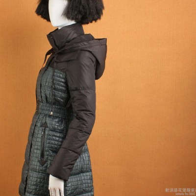 外貿(mào)原單女式中長(zhǎng)款收腰修身通勤拼接羽絨棉服風(fēng)衣 小批量混批