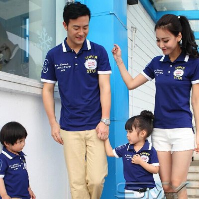 2014夏季親子裝學院徽章搭配撞色翻領休閑POLO衫家庭裝母