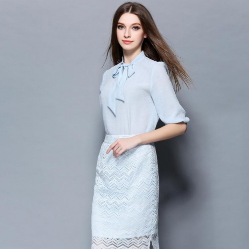 2016 顯瘦女式套裝夏 蕾絲拼接襯衫+裙子歐美高端時尚兩