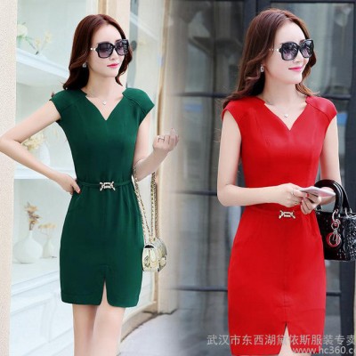 時尚修身真絲連衣裙夏季新款V領桑蠶絲裙子系腰帶包臀裙短袖中裙