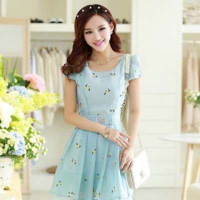 2015夏款短袖雪紡連衣裙 韓版氣**雅碎花A字裙 修身裙子