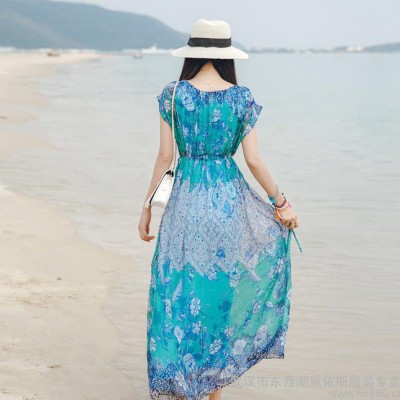 夏季大碼女裝短袖桑蠶絲松緊腰波西米亞大擺長裙沙灘連衣裙子