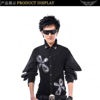 非主流歌手黑色襯衫C-204-076A男式舞臺亮片長袖襯衫演