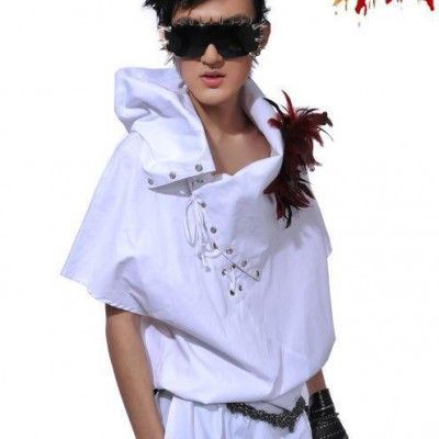 ABC朋克白色短袖長款襯衫T-304-067舞臺夜店男襯衫非