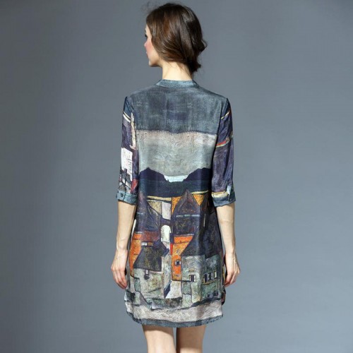 dantinglisi/丹婷麗絲 桑蠶絲大碼手工釘珠印花真絲連衣裙