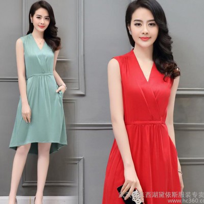 重磅2016夏裝新款彈力真絲連衣裙夏桑蠶絲V領(lǐng)修身顯瘦中長款