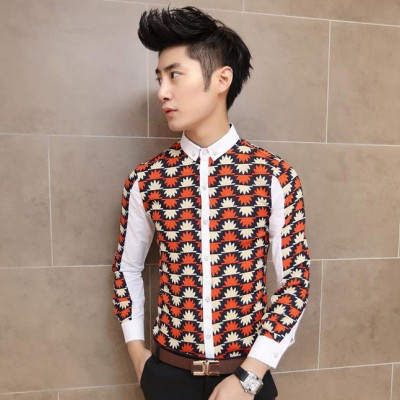 2015春裝爆款男士修身麻料拼接男裝印花長袖襯衫男式商務休閑