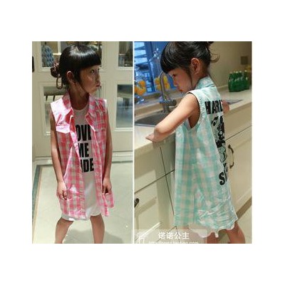 小辣妞2015夏裝無袖女童格子襯衫女中長款兒童中大童襯衣 代