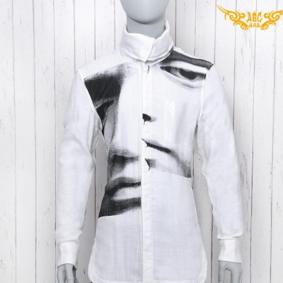 夜場歌手舞臺長款男士襯衫C-409-004亞麻韓版白色長袖襯