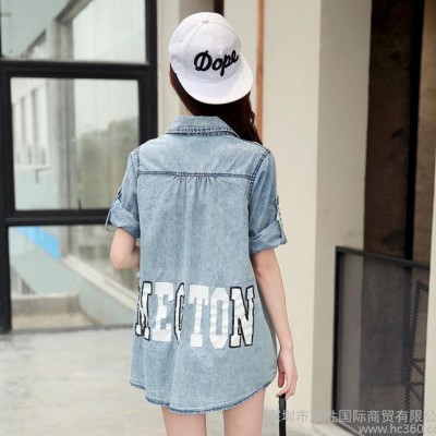2016夏裝新款歐洲站休閑時尚百搭顯瘦短袖七分袖牛仔字母襯衫