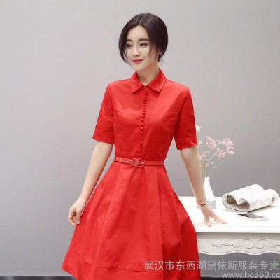 2016夏新款韓版時(shí)尚氣質(zhì)純色多紐扣系帶收腰棉布短袖襯衫連衣