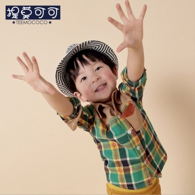 供應提莫可可童裝襯衫撞色格子男童長袖開衫童襯