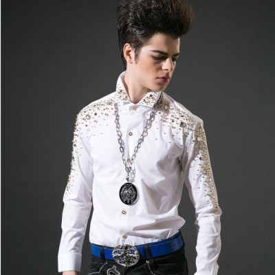 男士修身型襯衫 長袖 鑲鉆襯衣 C-309-096韓國修