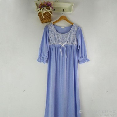 外貿睡衣原單批發新款日系均碼淡藍色睡裙女士春秋七分袖連體睡衣