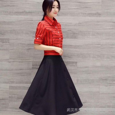 連衣裙兩件套女2016夏裝新款短袖條紋襯衫中長(zhǎng)款半身裙套裝詩(shī)