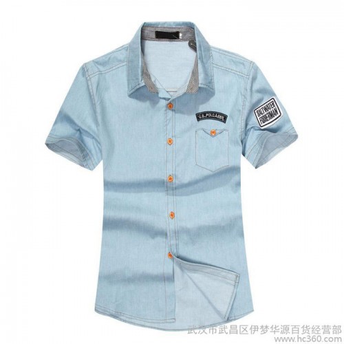 供應伊夢華源2014夏裝新款時尚休閑牛仔短袖襯衫男士 夏季小清新
