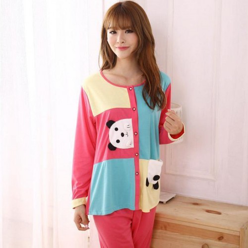 2014秋季爆款簡約針織棉女士睡衣套裝時尚拼色睡衣女