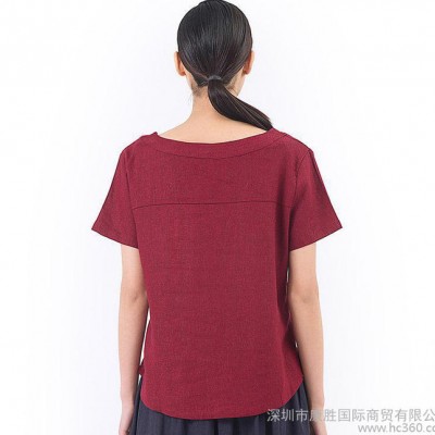 2016春夏女打底衫圓領短袖棉麻襯衣套頭上衣文藝亞麻襯衫純色