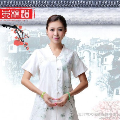 木棉道唐裝襯衫中式女裝 夏手繪荷花棉麻開襟短袖開衫上衣18233