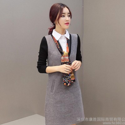 送絲巾 2016秋冬新韓版女裝打底裙修身顯瘦襯衫領假兩件套連