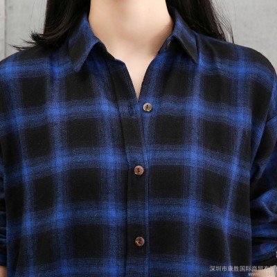 格子襯衫女2016春季新款歐美外貿剪標經典純棉寬松長袖中長款
