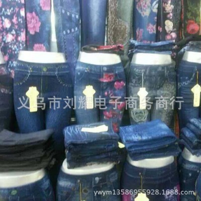 2018秋冬季新品高腰仿牛仔印花無縫針織打底褲 加絨加厚毛圈地攤