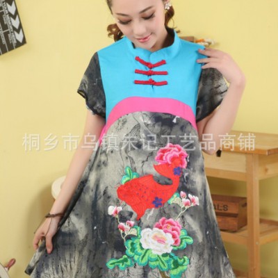 中式棉麻鯉魚繡花撞色拼接立領女長款短袖襯衫裙衣 民族風上衣