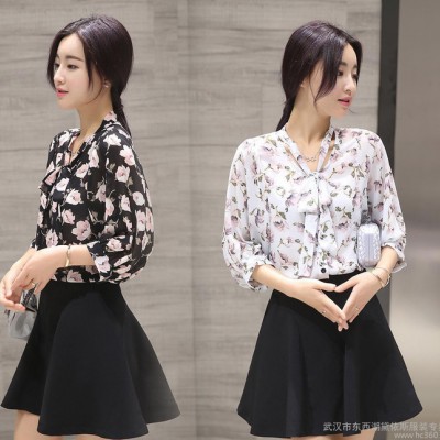 雪紡襯衫女七分袖韓范2016夏學(xué)生套裝領(lǐng)口系帶上衣A字裙子兩