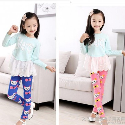 [代理專拍】童褲2015春夏款兒童女童印花打底褲中大童九分褲