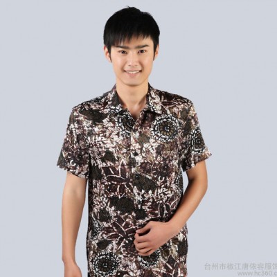 新款男士真絲上衣短袖時(shí)尚真絲彈力緞 男裝襯衫休閑爸爸裝