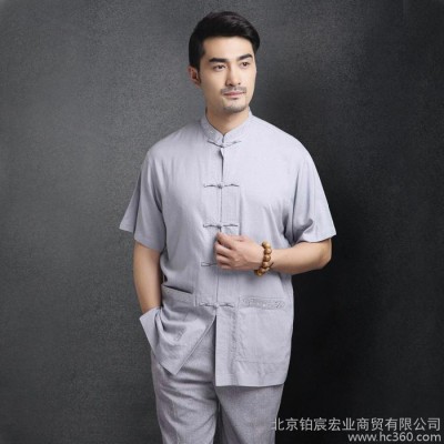 中國風男士唐裝中老年立領短袖男上衣標準中式民族服裝夏亞麻襯
