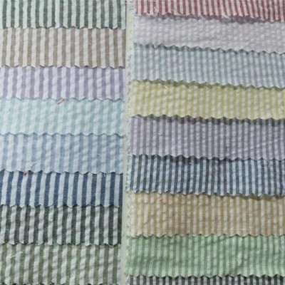 卓西紡織滌棉條紋色織縐布 條紋泡泡布 服裝襯衫面料