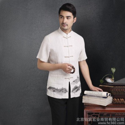 中國風男士唐裝中老年立領短袖男上衣修身中式民族服裝夏亞麻襯
