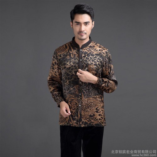 中國風(fēng)豹紋立領(lǐng)中式上衣民族服裝休閑打底衫真絲香云紗襯衫