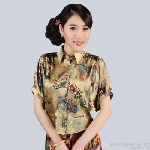 中老年彈力綢緞 真絲短袖上衣桑蠶絲花色襯衫套頭T恤翻領(lǐng)加大