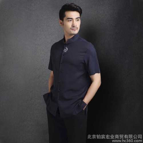 中國風(fēng)天絲男士唐裝青年立領(lǐng)短袖男上衣修身中式民族服裝夏季襯