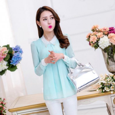 2015春裝新款雪紡襯衫韓版修身大碼雪紡衫長袖雪紡翻領長袖上衣