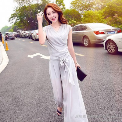 2016春夏季新韓雪紡套裝時尚v領雪紡衫上衣雪紡兩件套女裝闊