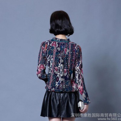 復古印花雪紡衫女款2016春夏季新款韓版花色短款雪紡衣大碼上