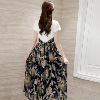 2016夏裝新款v領(lǐng)收腰淑女氣質(zhì)中長款短袖針織雪紡拼接修身連